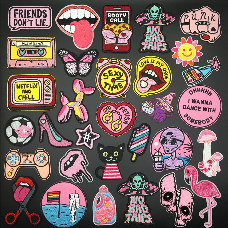 Streetwear Brand Stickers - Cartoon Pink Flamingo Alien Patches Clothing